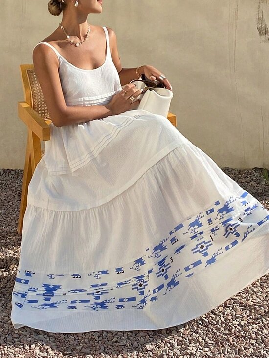Dresses & Skirts - White Boho Women's Textured Patchwork Spaghetti Strap Vacation Sundress